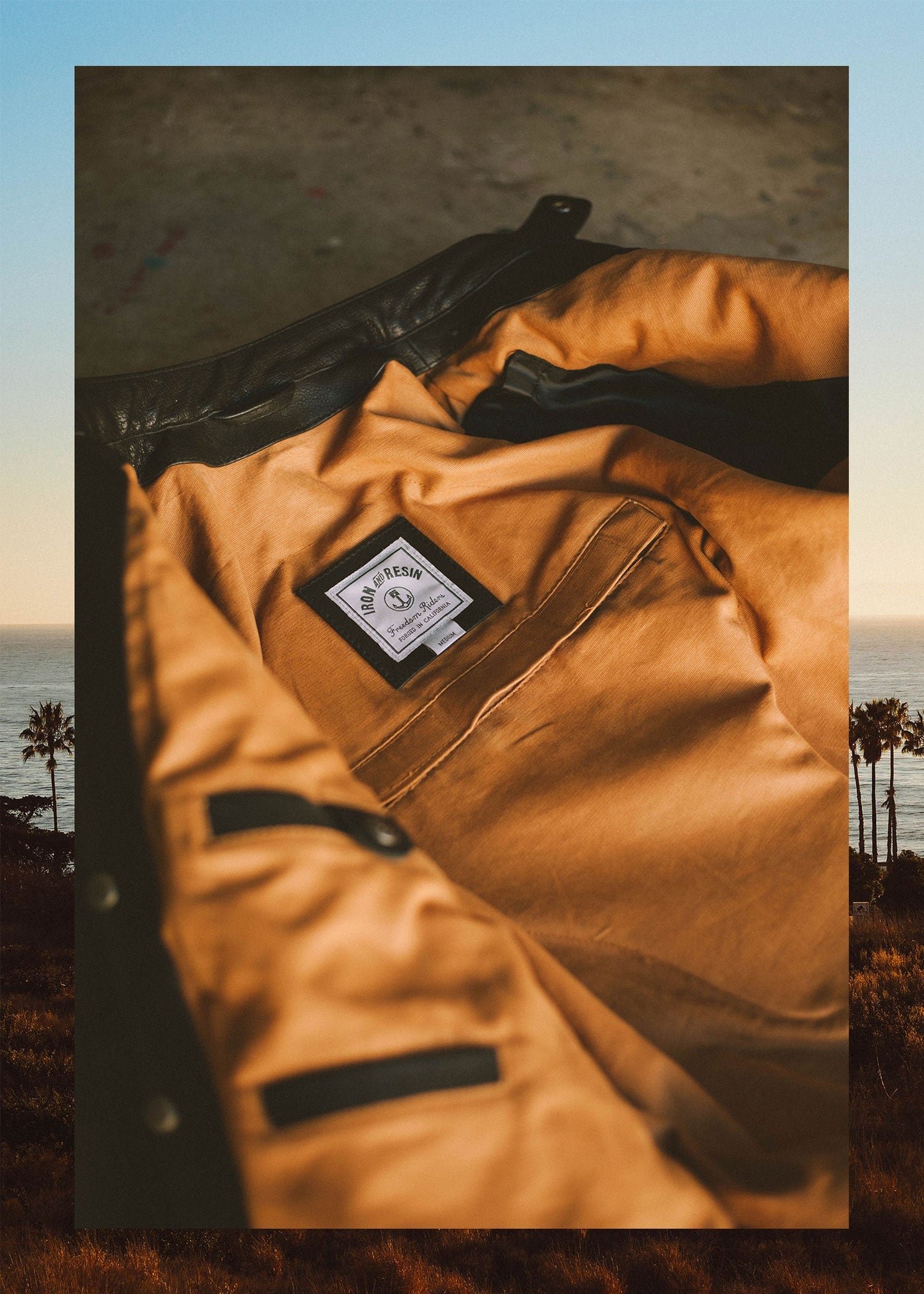 Iron & Resin Truckston Moto Jacket in Black Leather With Beige Cotton Twill Interior
