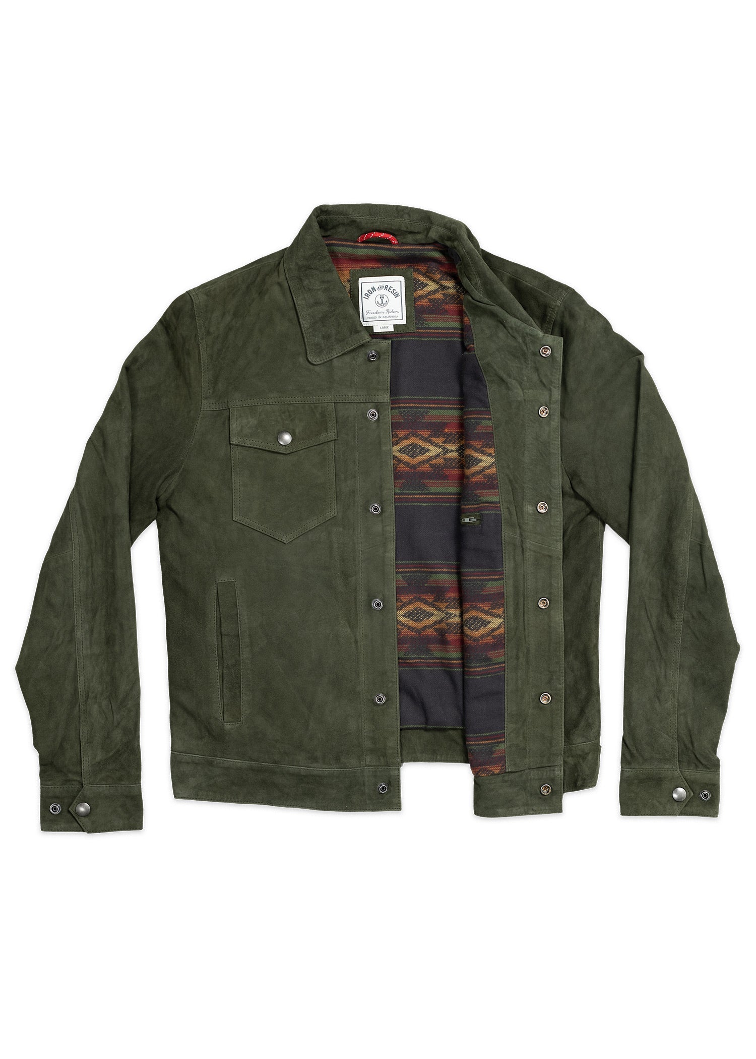 Iron and Resin Ojai Goat Suede Jacket in Ponderosa Green Klamath Flannel Interior